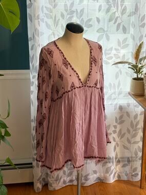 Free People Retro Love Embroidered Fringed Tunic Top Mauve Purple Boho Size S